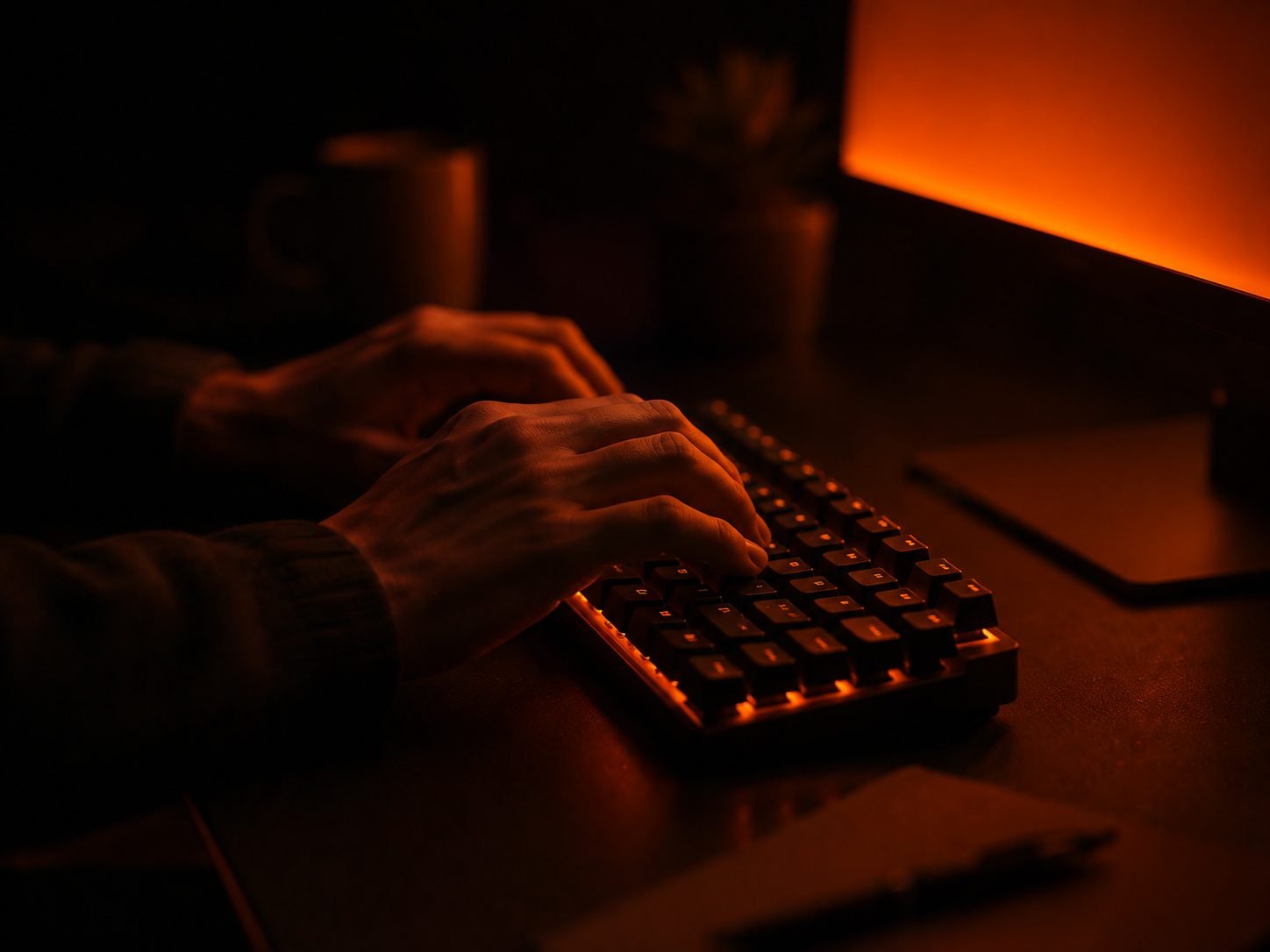 Muhammed Rinshid V P working at a backlit desktop setup