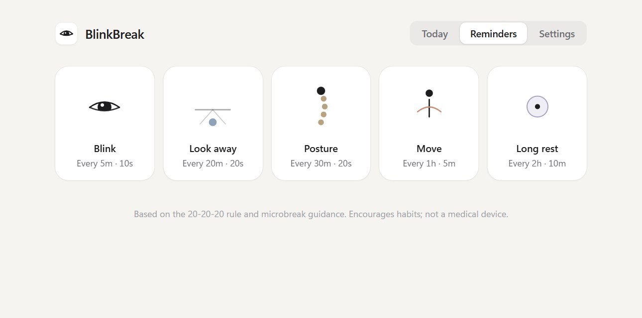 BlinkBreak’s light interface with configurable reminders for blinking, looking away, posture, movement, and rest