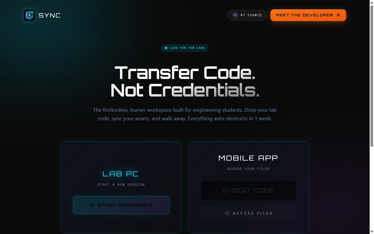 CosmIQ Sync’s public interface for starting a lab workspace or accessing files with a five-digit code